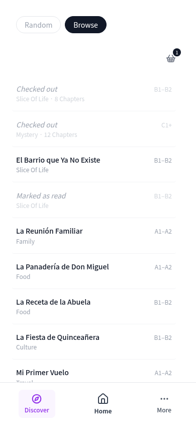 Browse tab showing story rows, some greyed