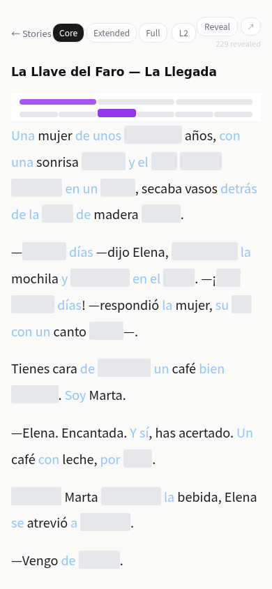 Reader with some words revealed in blue